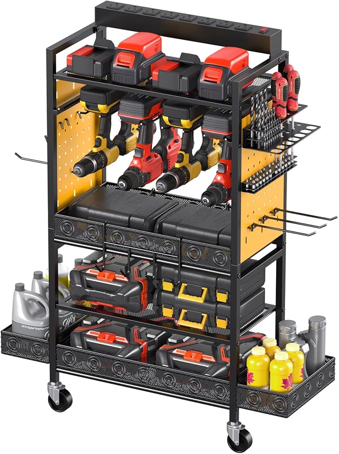CCCEI Garage Power Tools Organizer Cart with Charging Station, Black Floor Standing Rolling Drill and Tools Battery Storage Cart on Wheels. Yellow Utility Rack Gift for Men, Husband, Father.-VerdiqueGarden