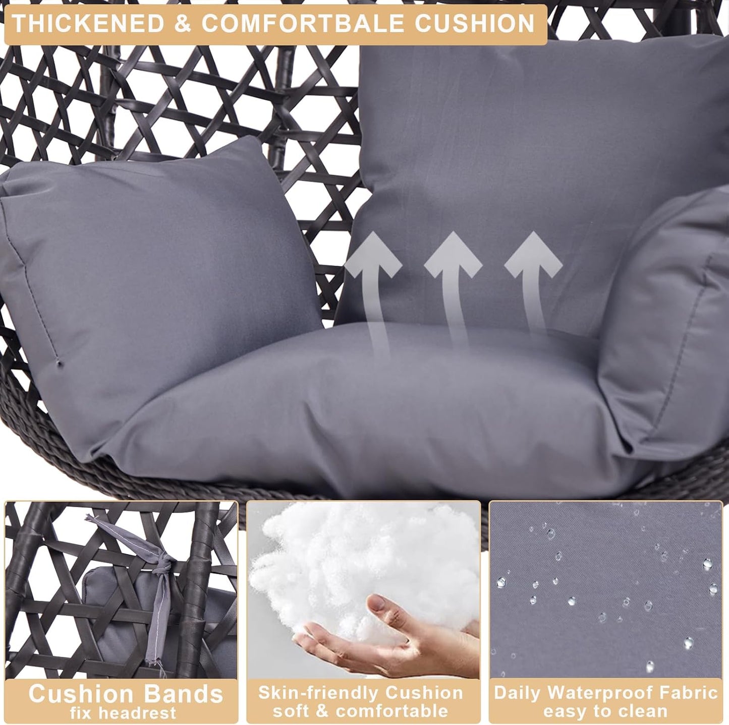 Indoor Hanging Chair with Stand for Bedroom, Hexagon Rattan Wicker Swing Egg Chair for Bedroom Porch Garden Patio Outdoor, Hammock Egg Swing Chair with Cushion,350LBS Capacity(Dark Grey)-VerdiqueGarden