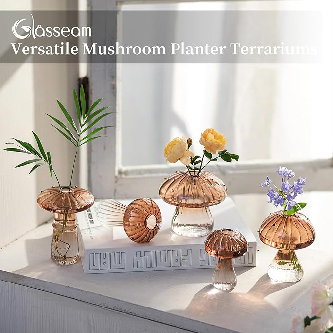 Glasseam Mushroom Plant Propagation Stations: Amber Glass Terrarium Jar Set of 10 Cute Planters for Indoor Plants Mini Propagate Station Unique Christmas Birthday Gifts for Women Home Office Decor-VerdiqueGarden