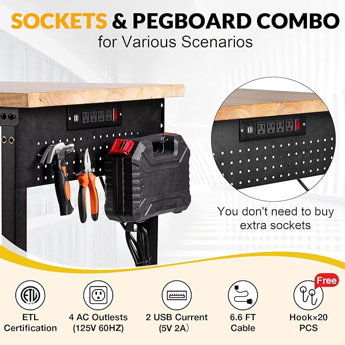 48" Workbench with Drawers, Adjustable Height Work Bench 2000 LBS Heavy-Duty Work Table Rubber Wood Work Station with Power Outlet & Pegboard for Garage, Office, Workshop, Home, Party Shop-VerdiqueGarden