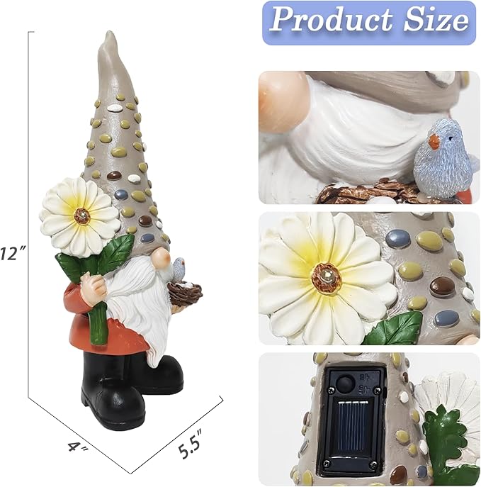 12 Inch Solar Garden Gnome Statue Clearance with Sunflower and Bird's Nest Light – Outdoor High Hat Gnome Sculpture Outdoor Statue for Patio and Garden Decor – Figurine Gift for Gnome Lovers-VerdiqueGarden