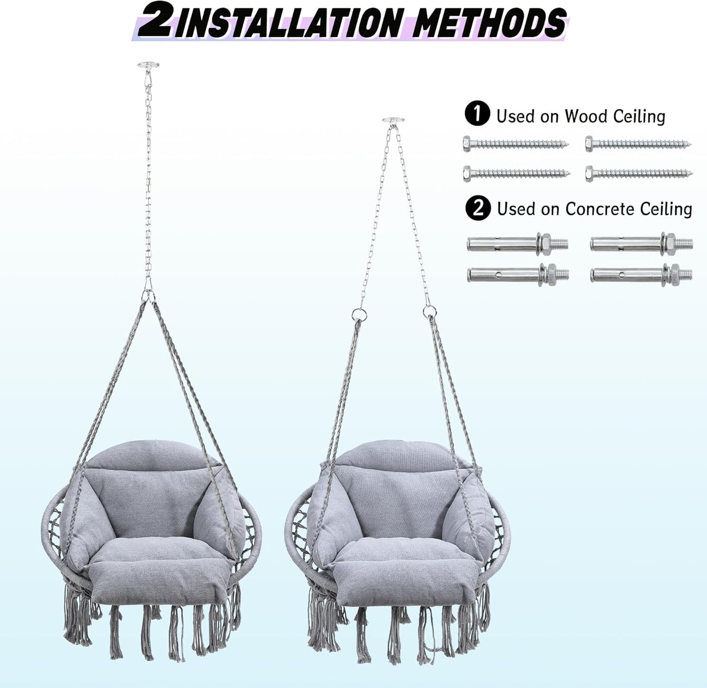 Macrame Hammock Hanging Swinging Chair with Oversized Cushion, Perfect for Bedroom, Porch, Kids, Adults, Balcony, Grey-VerdiqueGarden