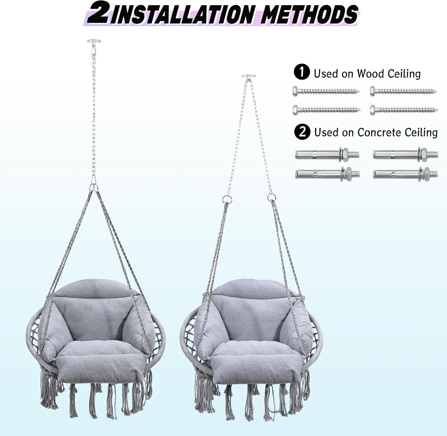 Macrame Hammock Hanging Swinging Chair with Oversized Cushion, Perfect for Bedroom, Porch, Kids, Adults, Balcony, Grey-VerdiqueGarden