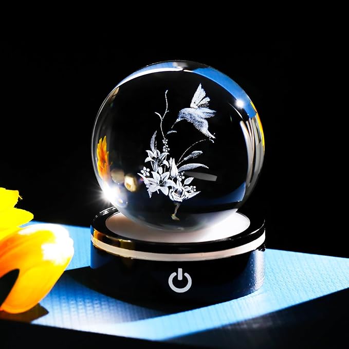 YWHL 3D Hummingbird Figurine Crystal Ball with Light Base, Hummingbird Gifts for Women Men on Christmas Birthday, 3D Laser Engraved Hummingbird Ornament Glass Decorative Ball for Home Office (80mm)-VerdiqueGarden