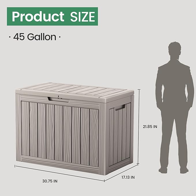 45 Outdoor Storage Box, Waterproof Resin Deck Box with Side Handles, Lockable Outdoor Bench for Indoor & Outdoor Use, Storage Bin for Patio Cushions, Garden Tools, Package Delivery, Grey-VerdiqueGarden