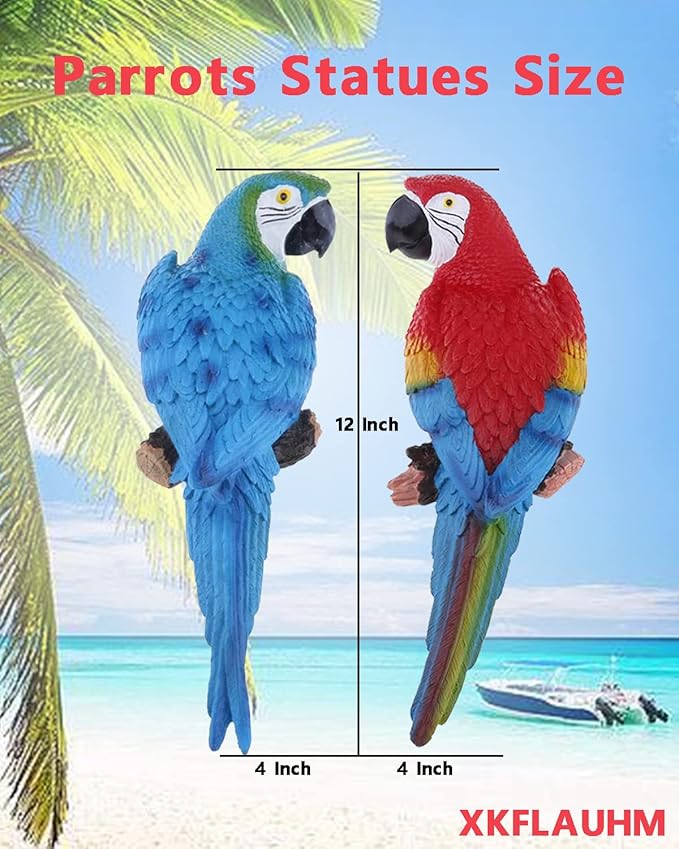 2Pcs Large Resin Parrot Decor Statues Lifelike Hawaiian Tropical Birds Decor, 12.5" Fake Parrot for Tiki Decoration Outdoor Garden Tree Wall Pool Macaw Statues Bird Lover Ornament Gifts(Blue and Red)-VerdiqueGarden