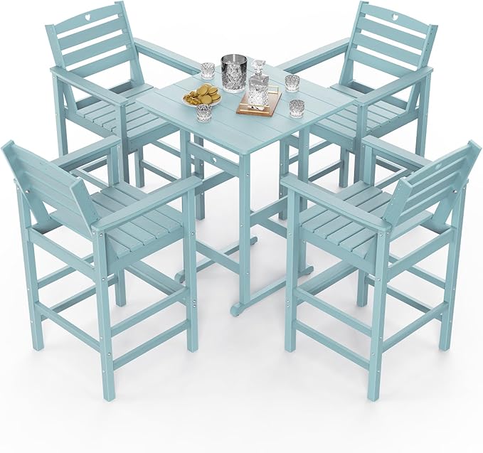 5-Piece Bar Height Outdoor Table and Chairs Set, HDPE Wood Grain Patio Bar Table and Chairs with Heart Cutout Design, Weather-Resistant Bar Height Furniture for Deck, Porch, Pool (Light Blue)-VerdiqueGarden