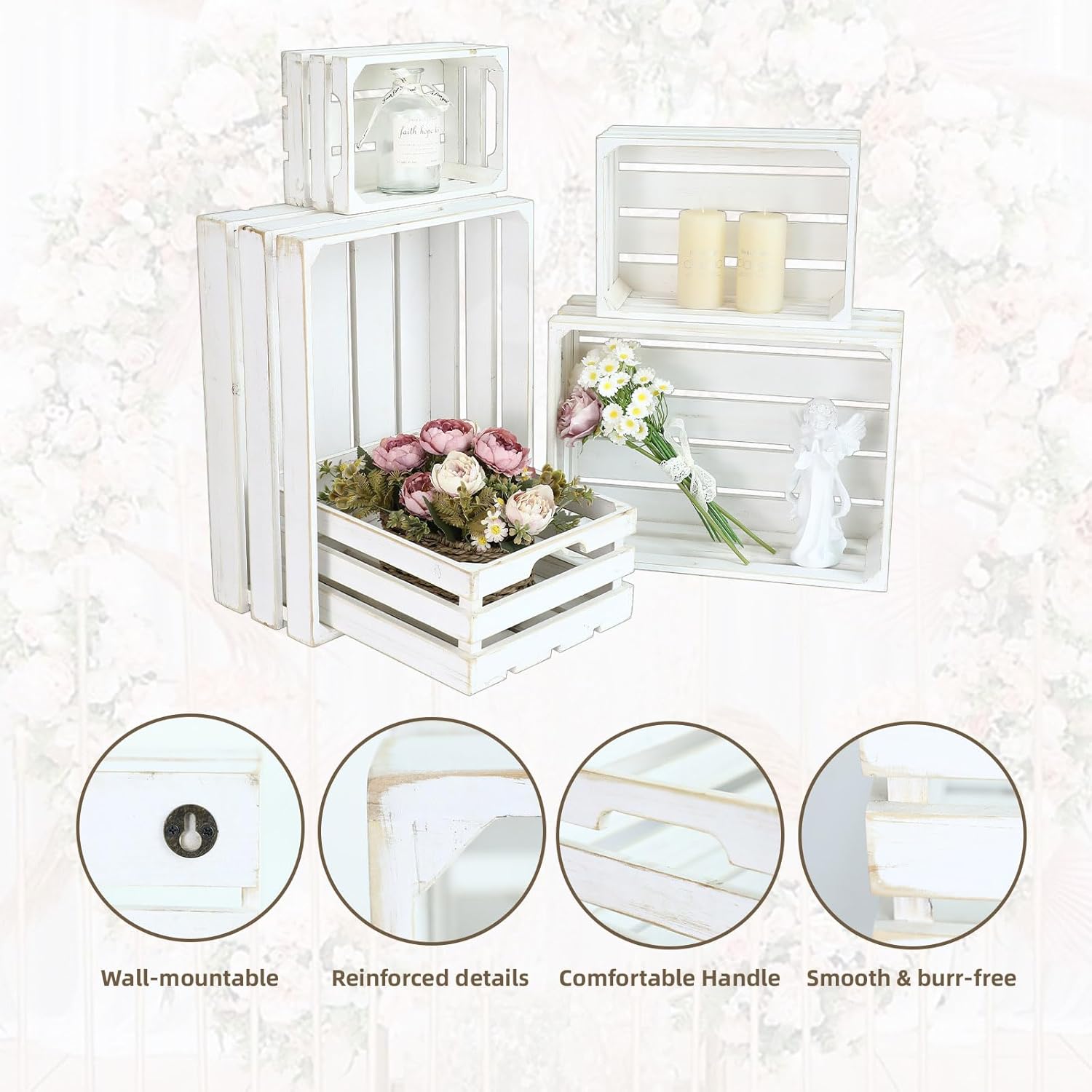 5-Piece Farmhouse Wooden Crate Set - Rustic Wooden Crates for Display and Storage, Large Whitewashed Decorative Crates, Farmhouse Apple Crates, Painted Wood Crates for Decor-VerdiqueGarden