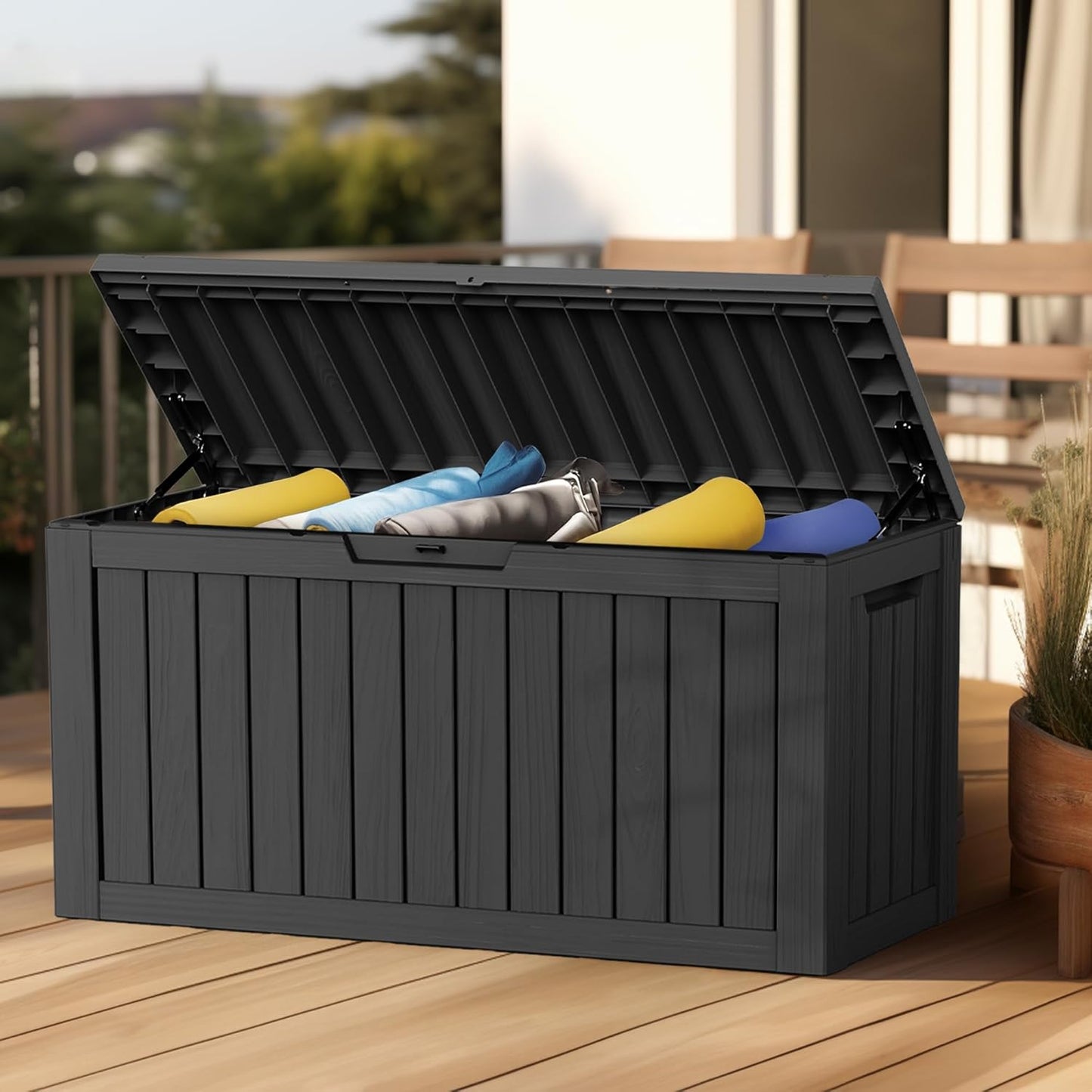 80 Gallon Outdoor Storage Box Waterproof, UV Resistant Resin Deck Box with Hydraulic Rod, Reinforced Stability for Patio, Garden, Striped Black-VerdiqueGarden