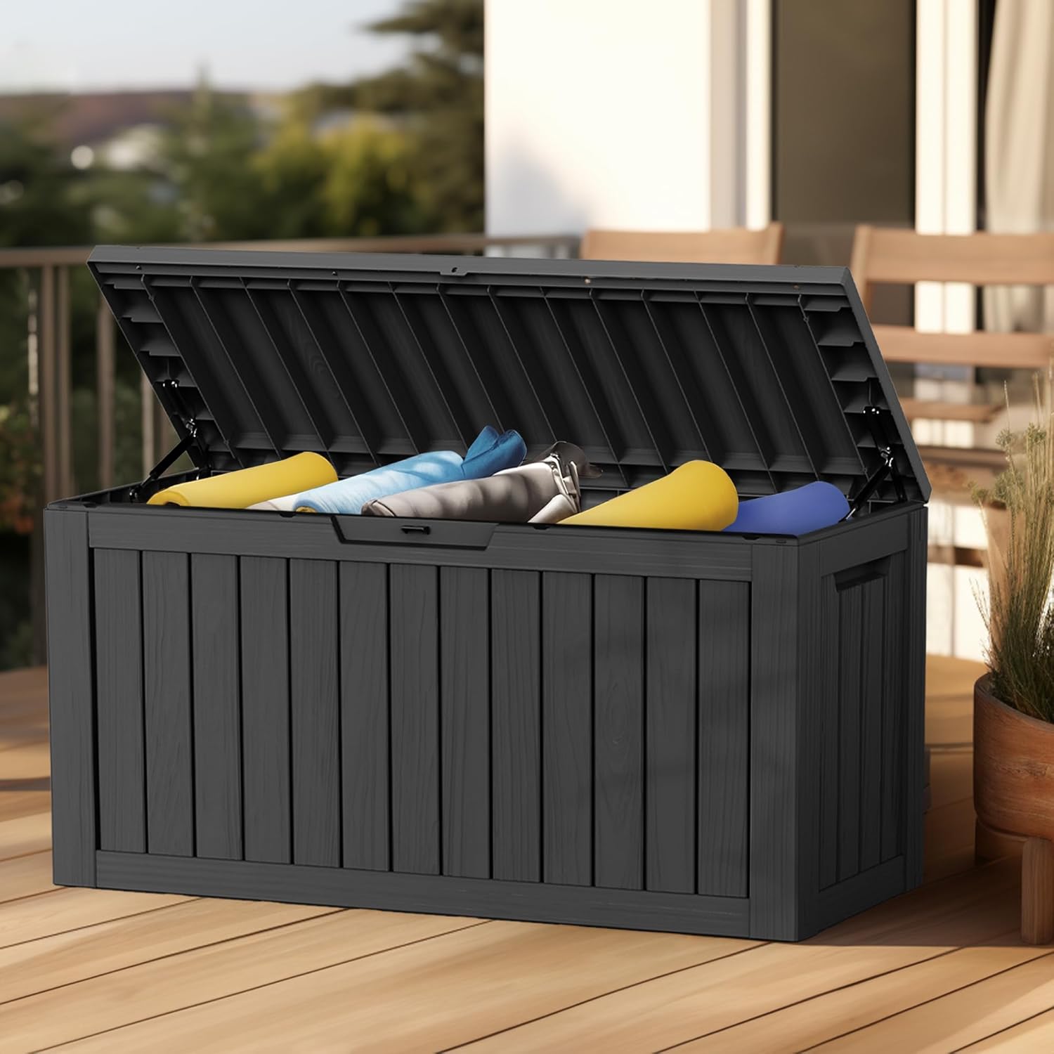 80 Gallon Outdoor Storage Box Waterproof, UV Resistant Resin Deck Box with Hydraulic Rod, Reinforced Stability for Patio, Garden, Striped Black-VerdiqueGarden