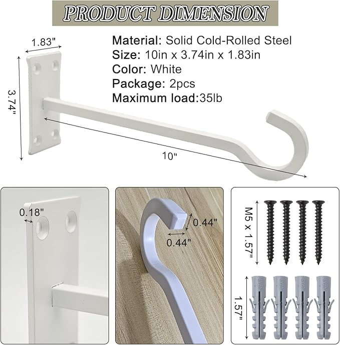 10inch Heavy Duty Plant Hangers Outdoor or Indoor Bird Feeder Hanger Shepherd Hooks 2pcs White Metal Wall Hook for Hanging Plant Bracket, Lantern, Flower Basket, Wind Chimes-VerdiqueGarden