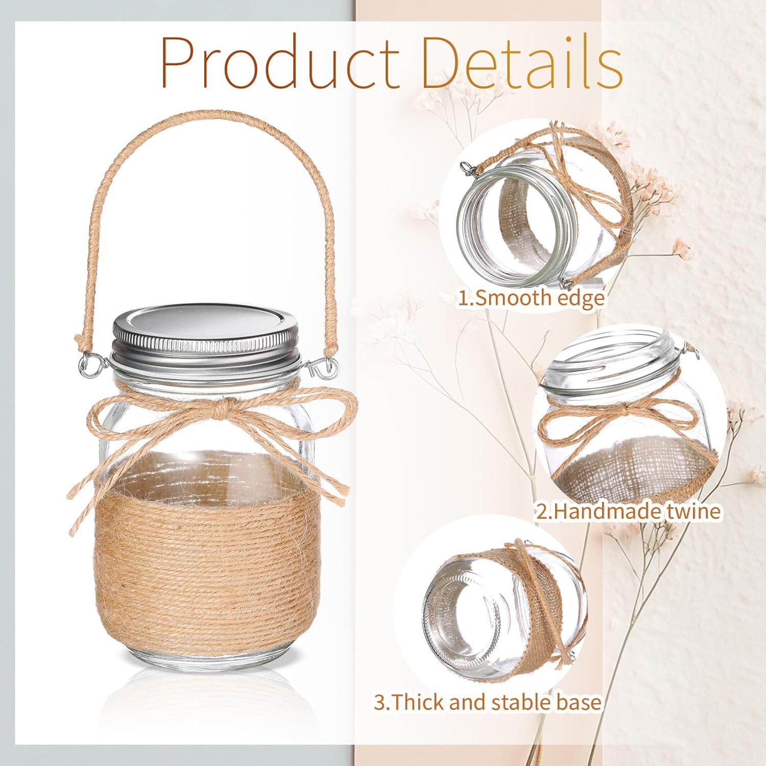 6 Pcs 5 Inch Small Hanging Mason Jars with Handles and Lids Decorative Glass Bottles Rope Net Glass Vase for Home Table Centerpiece Farmhouse Wedding Party decoration-VerdiqueGarden