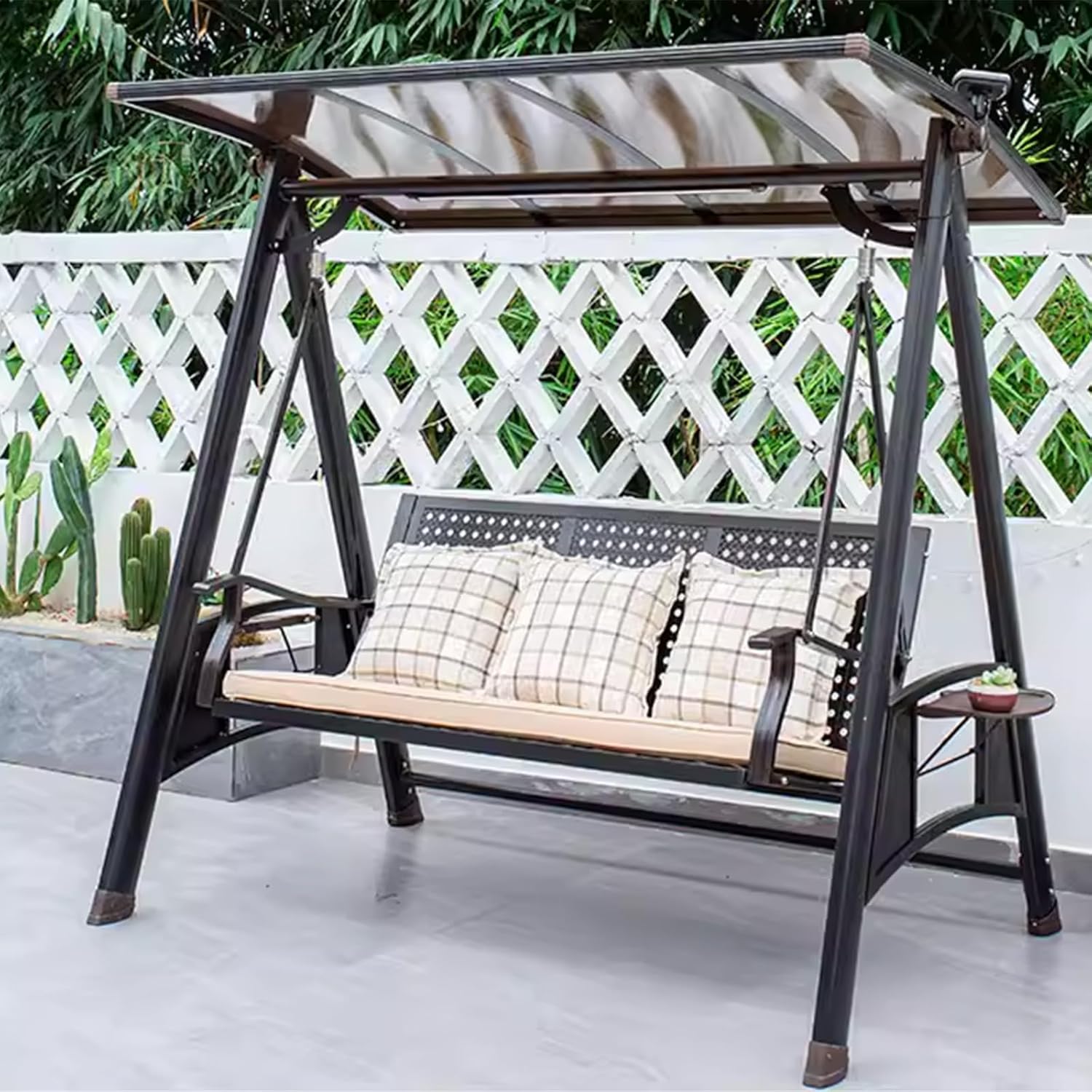 2/3-Seat Outdoor Patio Porch Swing with Adjustable Aluminum Alloy Canopy Solar Patio Swing Chair Bench with Footrest Side Cup Holder for Backyard Lawn (A-Aluminum Mesh Red Copper-3 Seat)-VerdiqueGarden