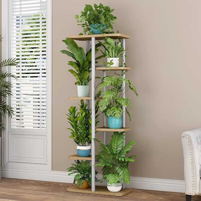 LINZINAR Plant Stand 6 Tier 7 Potted Multiple Flower Pot Holder Shelf Indoor Outdoor Planter Display Shelving for Patio Garden Corner Balcony Living Room (6 Tier-7 Potted, White)-VerdiqueGarden