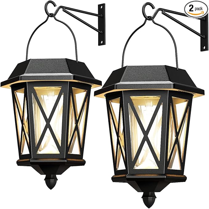 Solar Lanterns Outdoor Waterproof, Hanging Solar Lights with Glass Shade - 2 Pack LED Metal Wall Mount Outdoor Light for Yard/Garden/Patio - Black-VerdiqueGarden