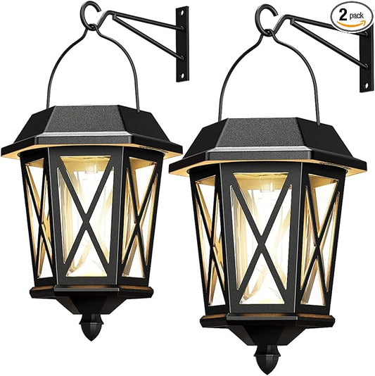 Solar Lanterns Outdoor Waterproof, Hanging Solar Lights with Glass Shade - 2 Pack LED Metal Wall Mount Outdoor Light for Yard/Garden/Patio - Black-VerdiqueGarden