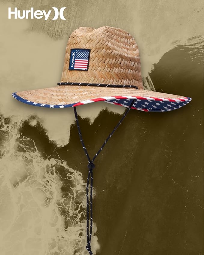 Hurley Men's Straw Hat - Wide Brim Channel Island Lifeguard Hat - Stylish Sun Hats for Men with Chin Strap-VerdiqueGarden