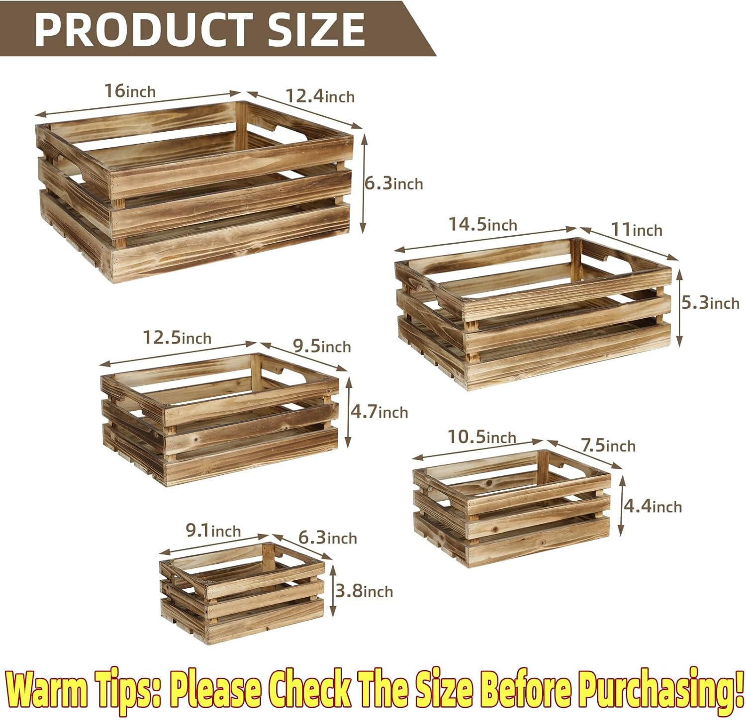 Set of 5 Large Wooden Crates, Nesting Storage Crate with Handles, Rustic Torched Brown Farmhouse Wooden Crates for Display, Wedding Birthday Home Party Living Room Kitchen Decoration-VerdiqueGarden