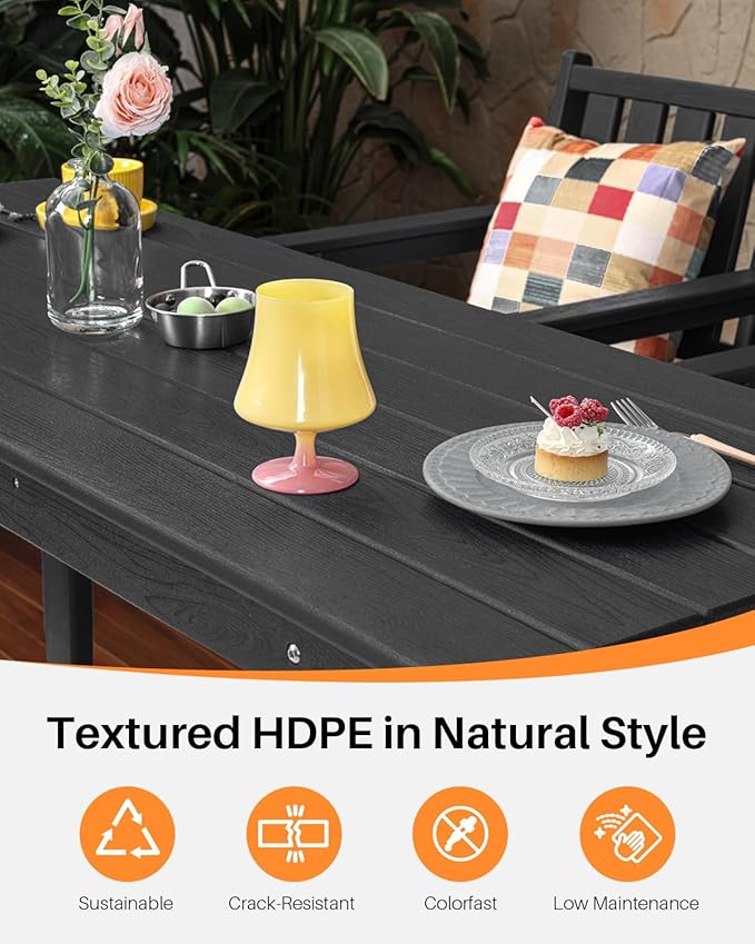 3 Pieces HDPE Outdoor Bar Table and Chairs Set, Tall Adirondack Chairs Set of 2 with Rectangular Bar Table, Patio Bar Stools Set, HDPE Outdoor Patio Bar Set for Balcony, Porch, Deck, Obsidian-VerdiqueGarden