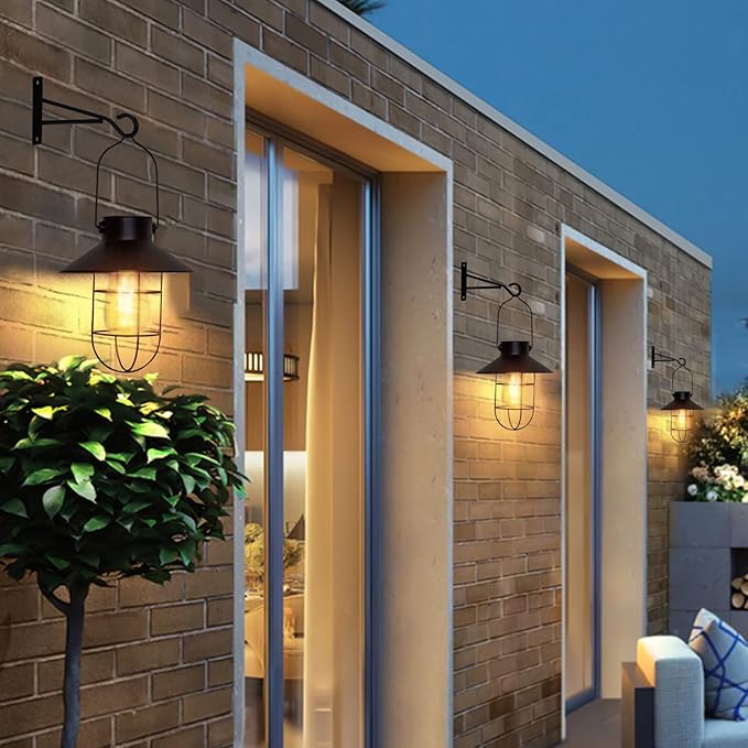 pearlstar Solar Lanterns Outdoor Metal Solar Powered Hanging Lights Waterproof for Wall Yard Garden Patio Garage Balcony Porch Fence Decor, Warm White Edison Bulb,with Wall Mount Kit（Black-1pack）-VerdiqueGarden