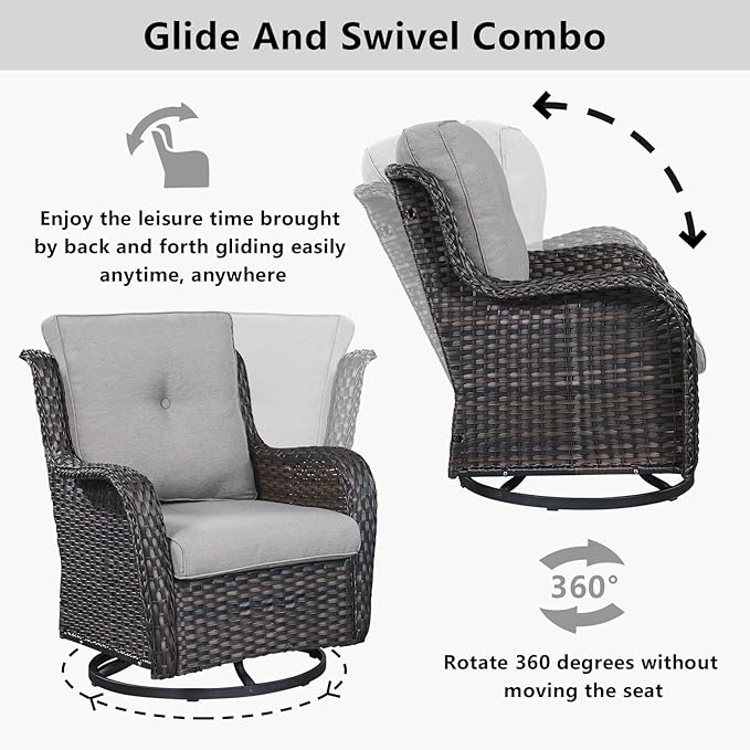 Wicker Outdoor Furniture Patio Furniture Set - 6 Piece Patio Conversation Set with Swivel Rocker Chairs, Loveseat Sofa, Ottomans and Coffee Table, Gray Cushion-VerdiqueGarden