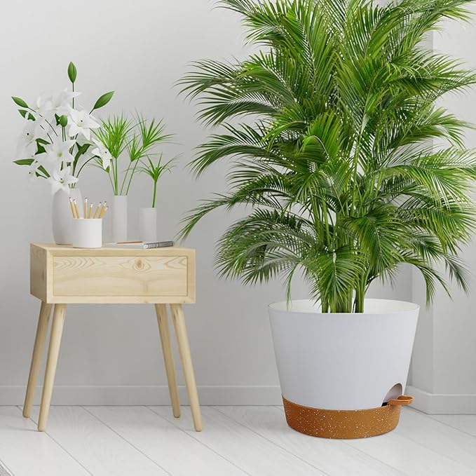 12 inch Large Self Watering Pots for Indoor Outdoor Plants, Flower Plant Pots with Drainage Holes for Garden House Plants, Plastic Planters with Reservoir for Home Plants, White with Brown-VerdiqueGarden