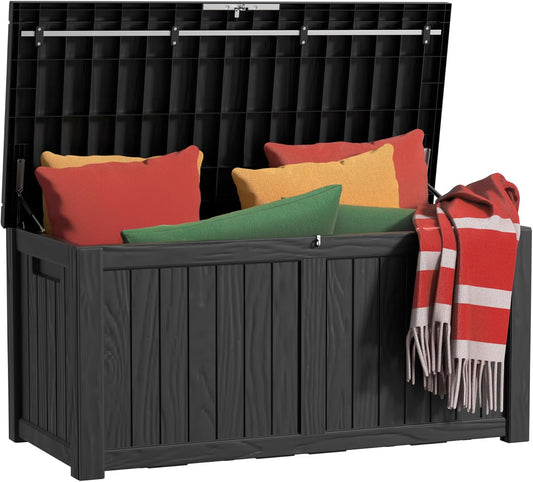 120 Gallon Outdoor Storage Box Waterproof, UV Resistant Resin Deck Box with Hydraulic Rod, Reinforced Stability for Patio, Garden, and Pool, Striped Black-VerdiqueGarden