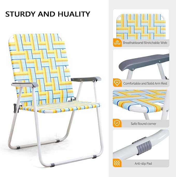 VINGLI Patio Lawn Webbed Folding Chairs Outdoor Beach Portable Camping Chair for Yard, Garden (2, Yellow, Oversized)-VerdiqueGarden