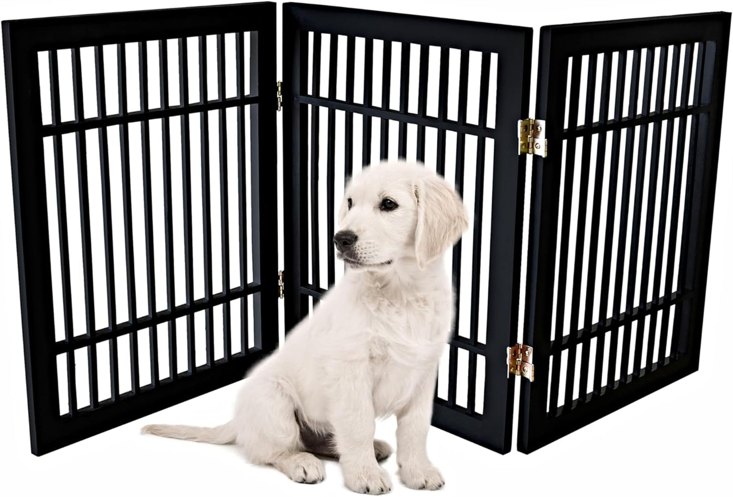 Pet Dog Gate Strong and Durable Freestanding Folding Acacia Hardwood Portable Wooden Fence Indoors or Outdoors by Urnporium (Black Pet Gate, 3 Panel 24" Tall)-VerdiqueGarden