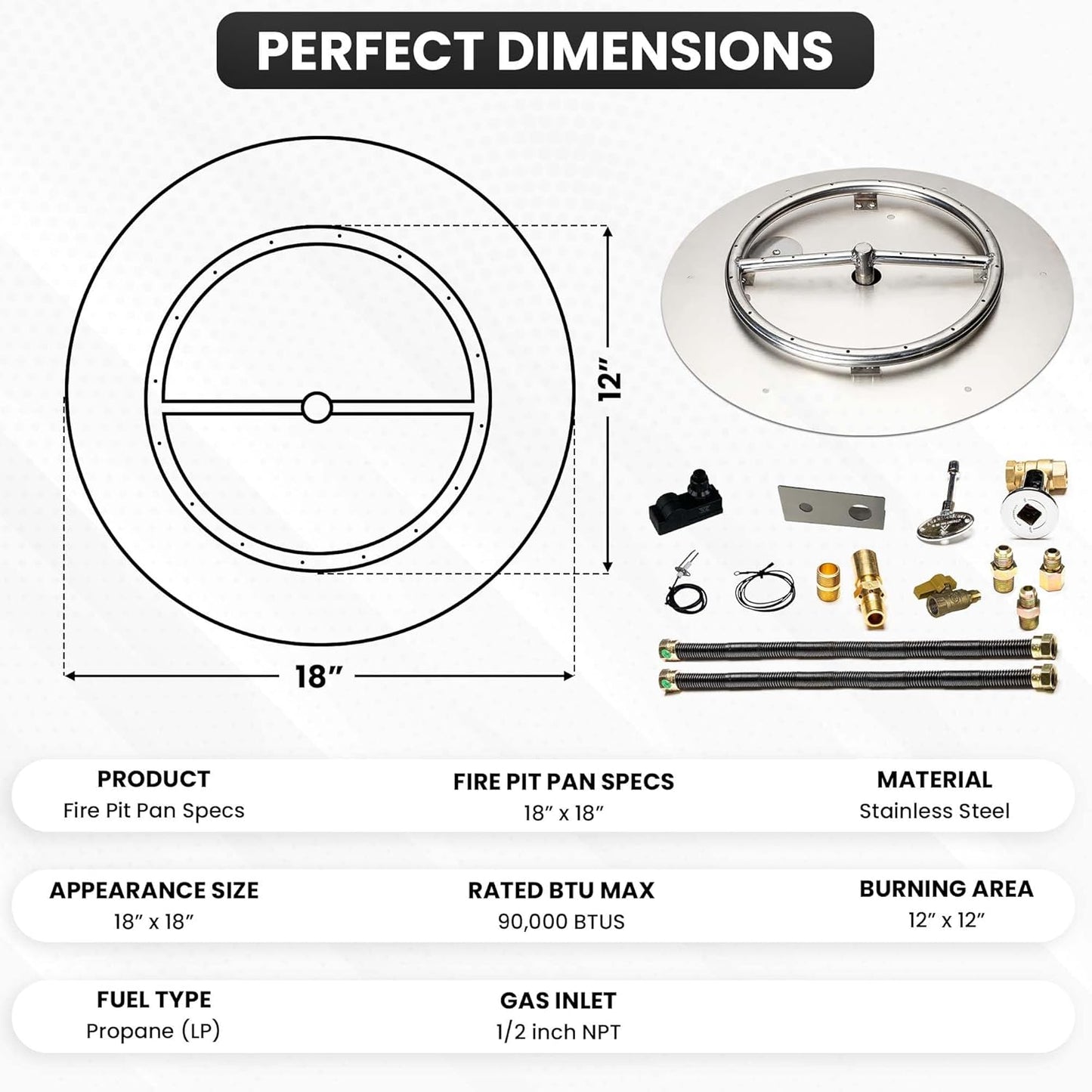 Stainless Steel Fire Pit Burner Pan & Ring Deluxe Kit for Liquid Propane, 18-Inch Pan, 12-Inch Ring, 90,000 BTU Max-VerdiqueGarden