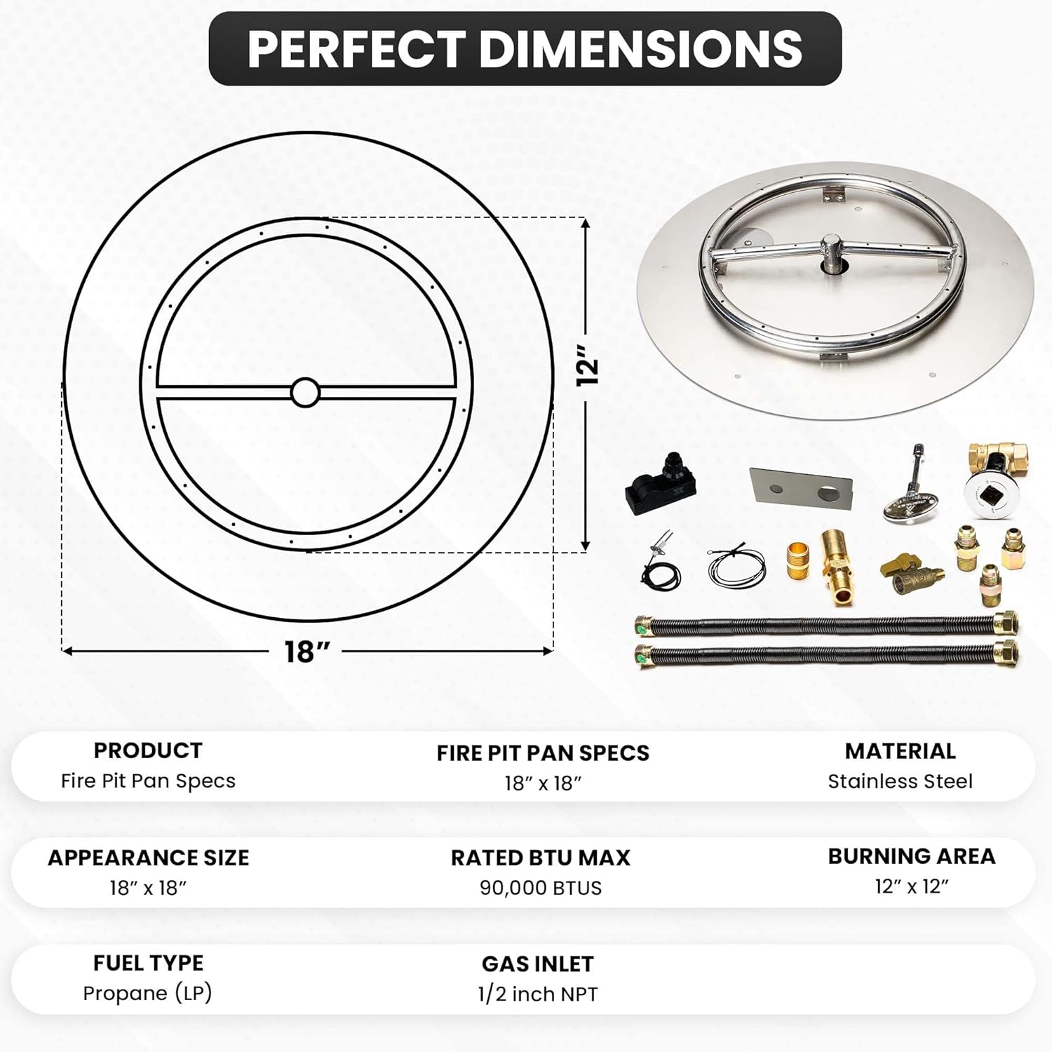 Stainless Steel Fire Pit Burner Pan & Ring Deluxe Kit for Liquid Propane, 18-Inch Pan, 12-Inch Ring, 90,000 BTU Max-VerdiqueGarden