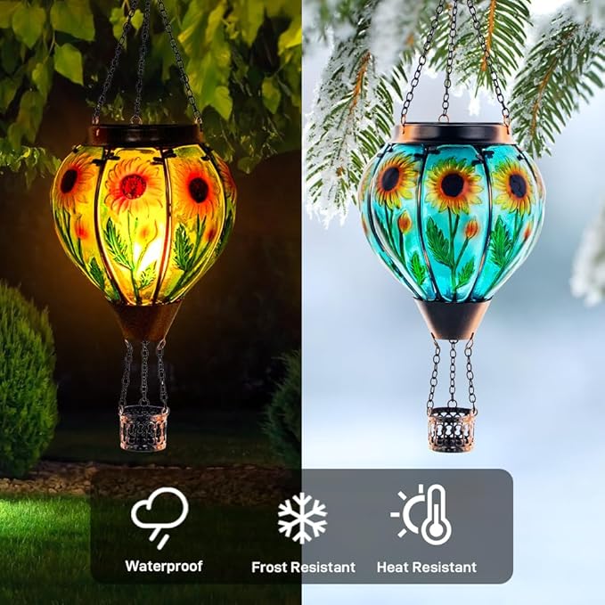 Starsoul Sunflower Hot Air Balloon Solar Lantern - Glass Outdoor Flickering Flame Light, Waterproof Hanging Lamp for Garden, Patio, Yard, Party Decor-VerdiqueGarden
