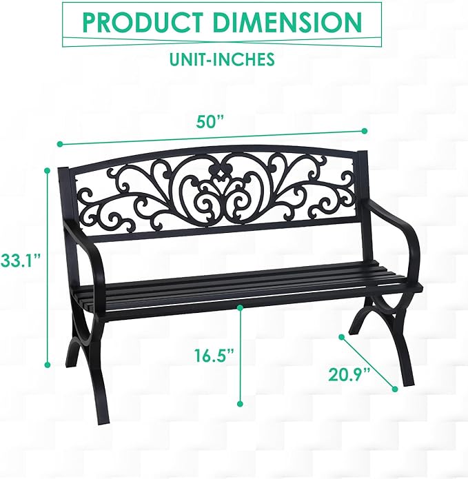 FDW Outdoor 50 Inches Garden Bench, Slatted Seat Armrests Floral Design Backres and Arch Legs, Perfect for Park, Yard, Porch, Lawn, Balcony, Backyard, Black-VerdiqueGarden