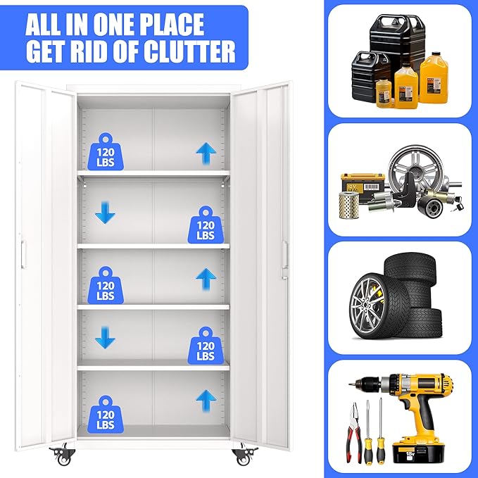 73" H Metal Garage Storage Cabinet with Wheels,Rolling Tool Storage Cabinet with 2 Doors and 4 Adjustable Shelves for Garage,Home,Office,Warehouse,Workshop, Required-Assembly,White-VerdiqueGarden