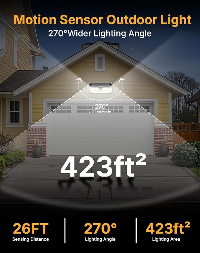 Solar Security Lights, 466 LED 4000 Lm - 270° Motion Sensor, IP68 Waterproof, 3 Lighting Modes, Dusk-to-Dawn Outdoor Flood Light for Fence Garden Backyard Garage - Pack of 4-VerdiqueGarden