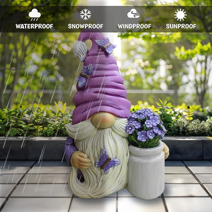 Garden Grace Lavender Gnome Figurine, 10" Purple Home Decor Statue with Butterflies and Flowers-VerdiqueGarden