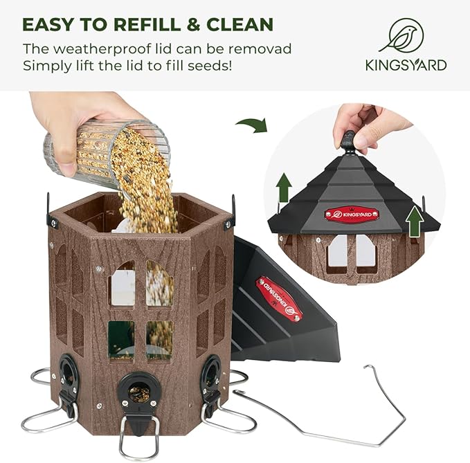 Kingsyard Wild Bird Feeder for Outdoor Hanging, Recycled Plastic Bird Feeders with 6 Ports & U-Shape Perch, Garden Yard Outside Decoration, 3.5 lbs Seed Capacity, Brown-VerdiqueGarden