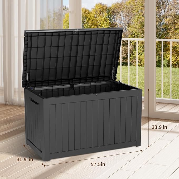 DRATO 230 Gallon Deck Box, Outdoor Large Waterproof Resin Storage Box with Lockable Lid for Patio Cushions, Gardening Tools, Sports Equipment, Black-VerdiqueGarden