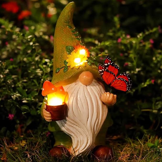 Garden Gnomes Outdoor Garden Decor-Resin Gnome with Solar Outdoor Lights Decorative Mushroom and Vivid Butterfly Spring Gnomes Decorations for Yard Decor,Gardening Gifts for Women-VerdiqueGarden
