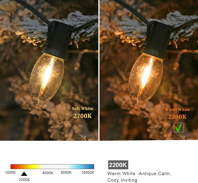 Waterproof C9 Replacement LED Light Bulbs –0.6W Equivalent to 7W, White Warm 2200K Outdoor String Lights E17 Base LED Light Bulbs, Clear Plastic, 25Pack-VerdiqueGarden
