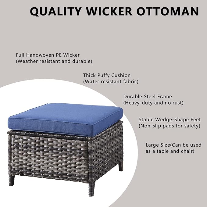 Outdoor Wicker Patio Furniture Set - 6 Piece Rattan Patio Conversation Set with 2 Rocking Swivel Chairs,2 Ottomans,1 Loveseat and 1 Coffee Table for Porch Deck Backyard Garden(Mixed Grey/Blue)-VerdiqueGarden