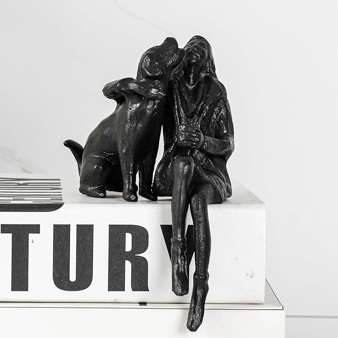 Cast Iron Sitting Woman and Dog Statue, Love Figurine, Gifts for Dog Lovers, Memorial Gifts for Women and Girls, Black-VerdiqueGarden