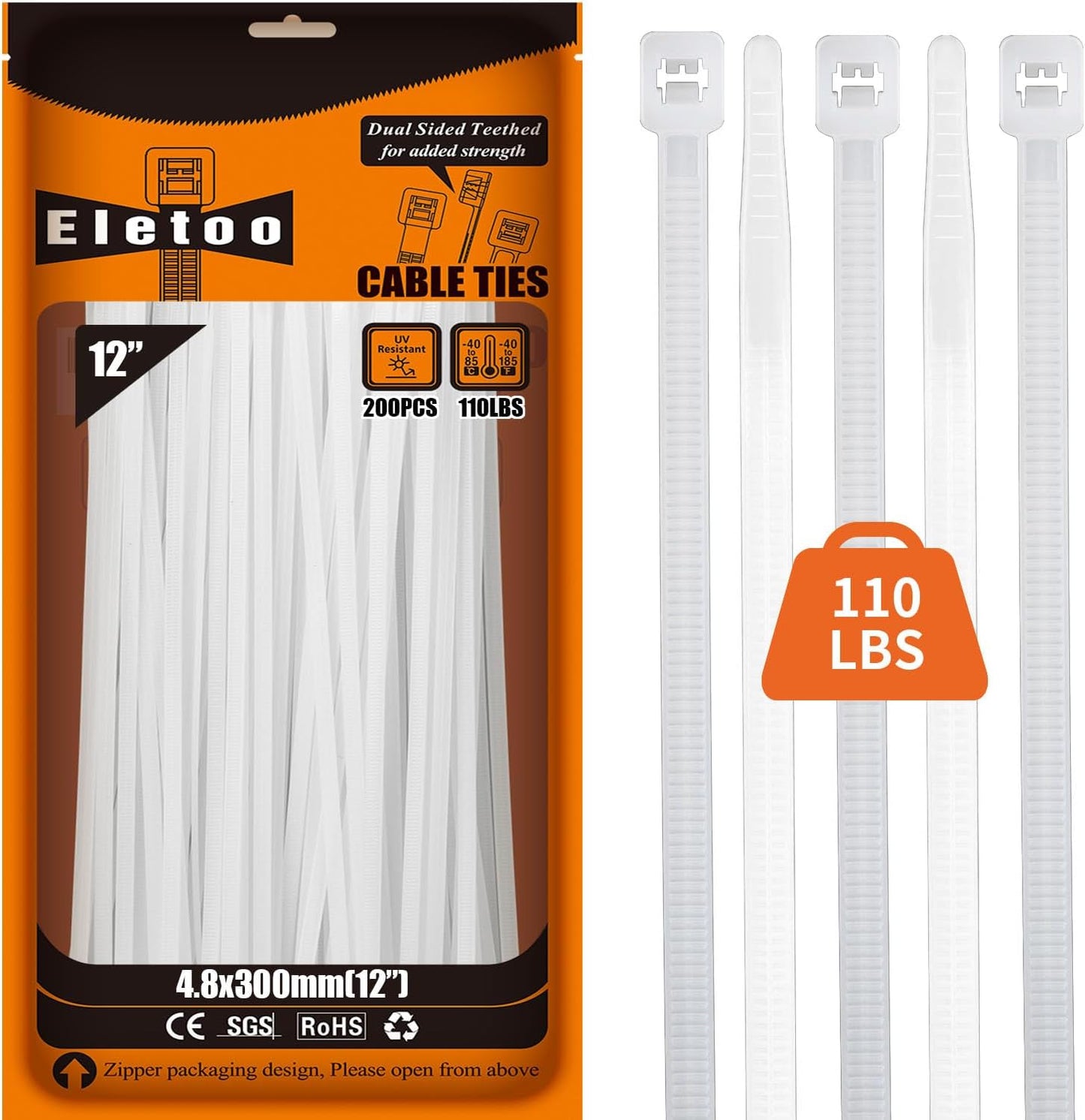 12 Inch White Zip Ties (200 Pack), 2025 New Patented Design,110 LBS Tensile Strength, Self-Locking Nylon PA66 UV Resistant Cable Ties for Indoor and Outdoor Use-VerdiqueGarden