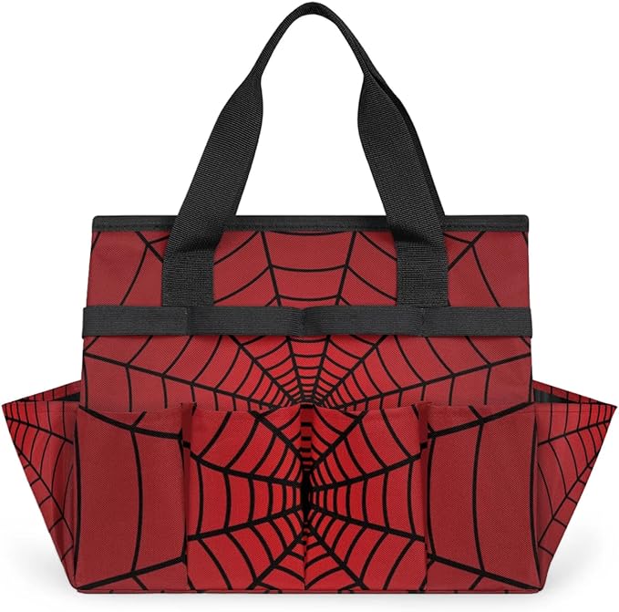 Spiders Web Red Gardening Tool Bag,Heavy Duty Garden Tote Bag,Portable Oxford Gardening Storage Basket Organizer Handbag with Pockets Handle,Hand Tools Gifts for Outdoor Garden Lawn-VerdiqueGarden