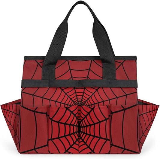 Spiders Web Red Gardening Tool Bag,Heavy Duty Garden Tote Bag,Portable Oxford Gardening Storage Basket Organizer Handbag with Pockets Handle,Hand Tools Gifts for Outdoor Garden Lawn-VerdiqueGarden