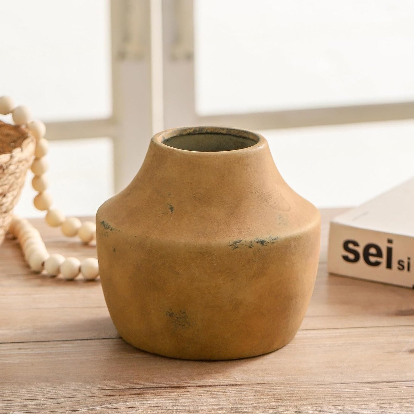 Mitt&Ditt Ceramic Flower Vase, 5.3 inch Pottery Farmhouse Rustic Vase, Handcrafted Weathered Vases, Small Flower Terracotta Vases for Home Decor, Living Room, Table, Shelf, Mantel-VerdiqueGarden