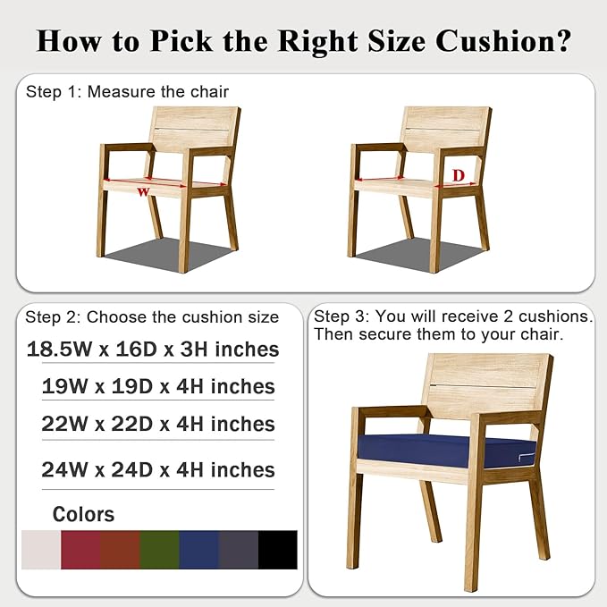 Outdoor Chair Cushions Set of 2 for Patio Furniture 18.5x16x3 Inch Waterproof Patio Chair Cushion 3 Year Color Fastness Rectangle Elastic Foam Garden Couch Pads with Ties and Handle,Blue-VerdiqueGarden