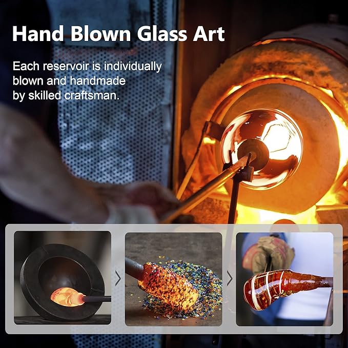 LUJII Hand Blown Glass Hummingbird Feeder for Outdoors Hanging with Ant Moat, 36 fl.oz, Leak Proof & Rustproof, Metal Base with 5 Feeding Ports & 5 Perches, Unique Garden & Backyard Decor (Ribbon)-VerdiqueGarden