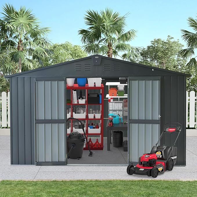 Domi Outdoor Storage Shed 11' x 9', Metal Steel Utility Tool Shed Storage House with Double Lockable Doors & Air Vents for Backyard Patio Garden Lawn Dark Grey-VerdiqueGarden