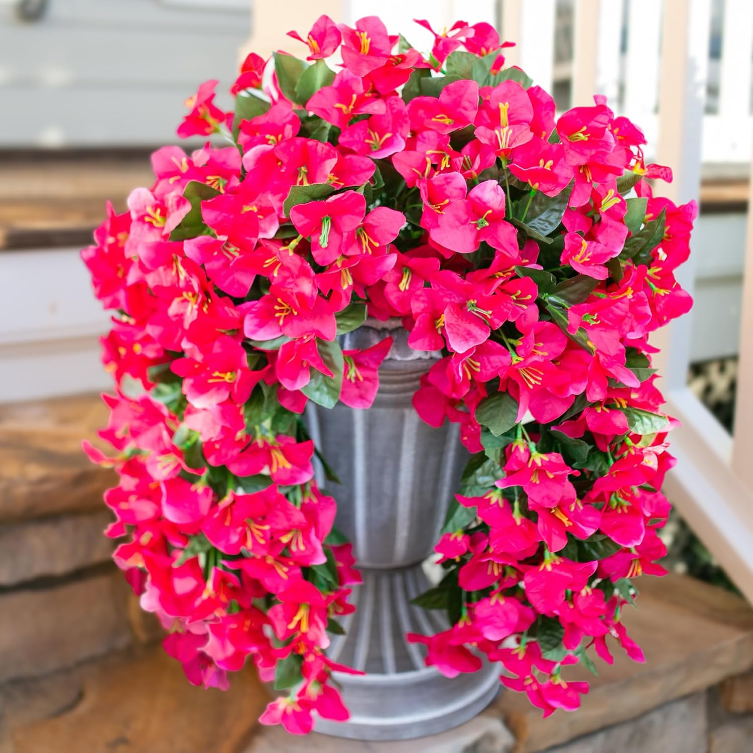 Bougainvillea Artificial Hanging Flowers Plants for Outdoors Decoration, 2pcs Fake Flowers Silk Bougainvillea Vines Realistic UV Resistant Faux Flowers for Planters Porch Patio Urn, Hot Pink-VerdiqueGarden